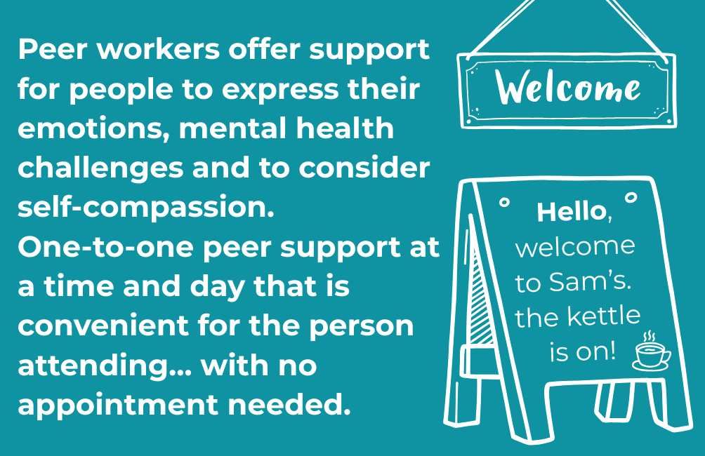 Infographic of outline picture of an a-frame with a picture of a cup on it. The text on the a-frame states. Hello welcome to Sam's. The kettle is on. There is an outline of a notice sign, the text on the sign states. Welcome. The text states. Peer workers offer support for people to express their emotions, mental health challenges and to consider self-compassion.  One-to-one peer support at a time and day that is convenient for the person attending… with no appointment needed.